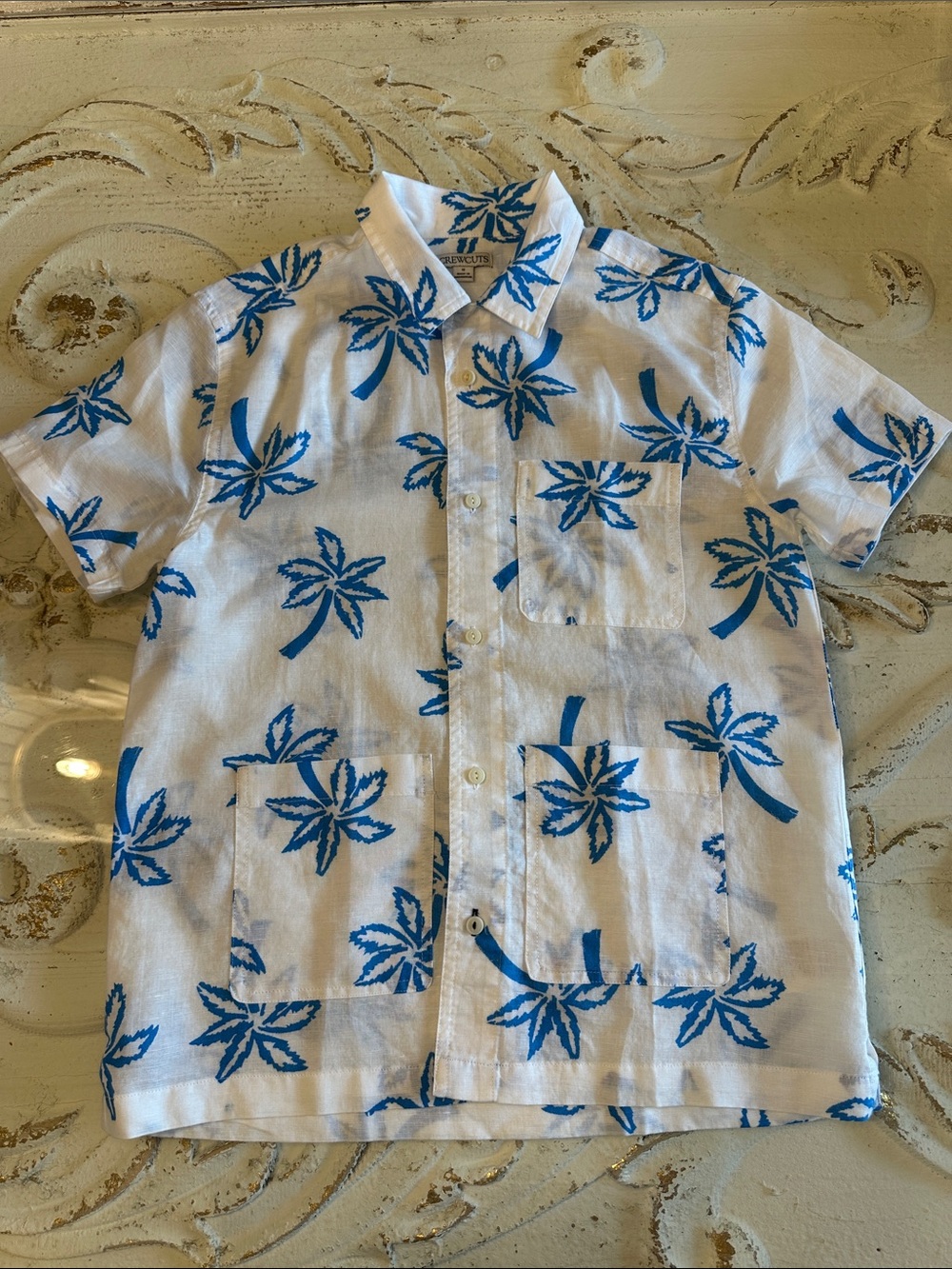 Crewcuts Linen Casual Blue Palm-Print Short Sleeve Shirt - 12
